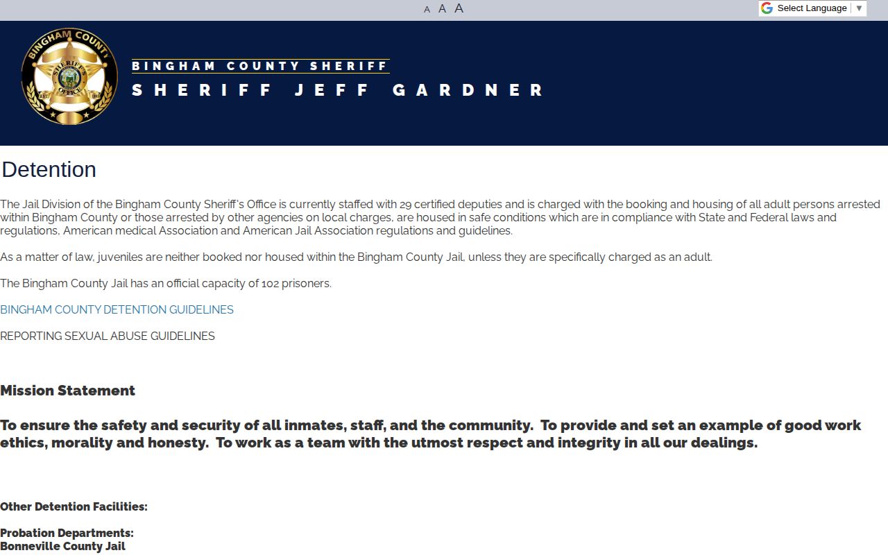 Bingham County detention page with no visible public arrest roster