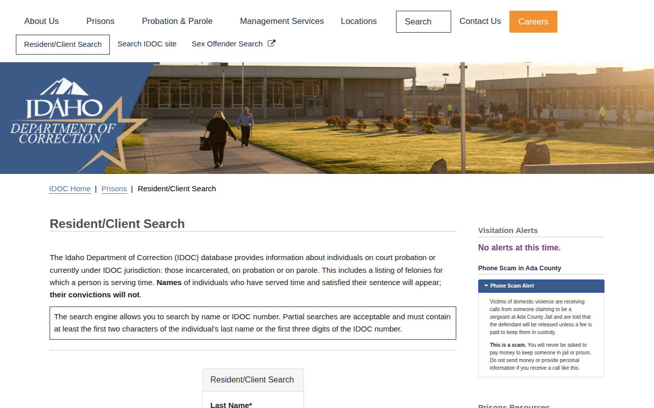 Official Idaho Department of Correction resident search