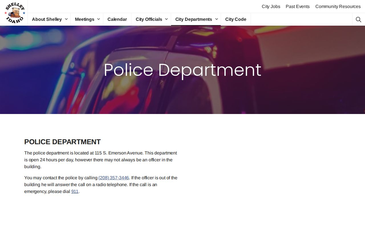 Official Shelley Police Department page with contact information and no live arrest feed