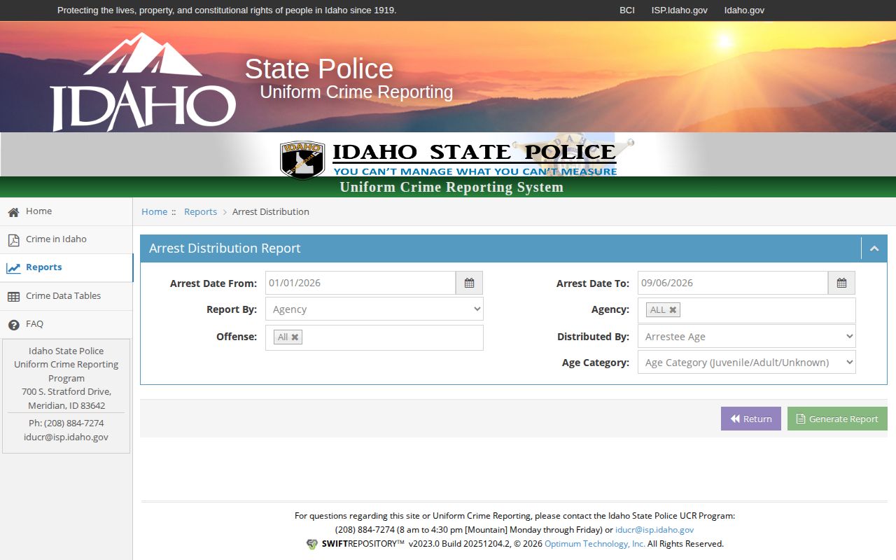 Idaho State Police Arrest Distribution interface for aggregate arrest statistics