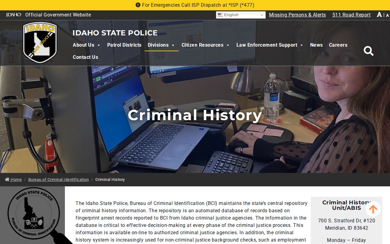 Idaho State Police criminal history page