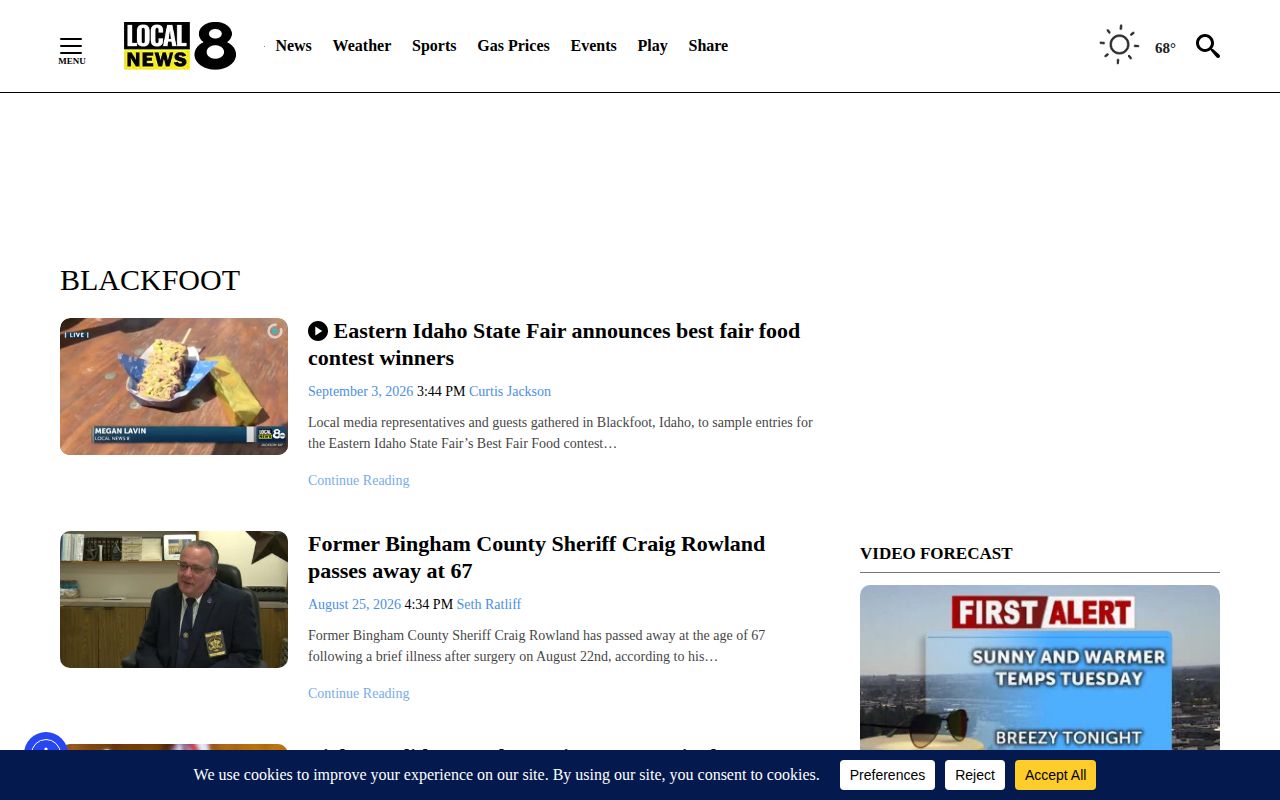 Local News 8 Blackfoot section with selected regional reporting